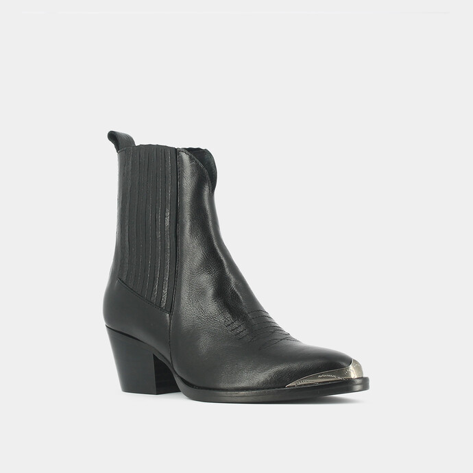 Bottines à talons et fronces  en cuir noir