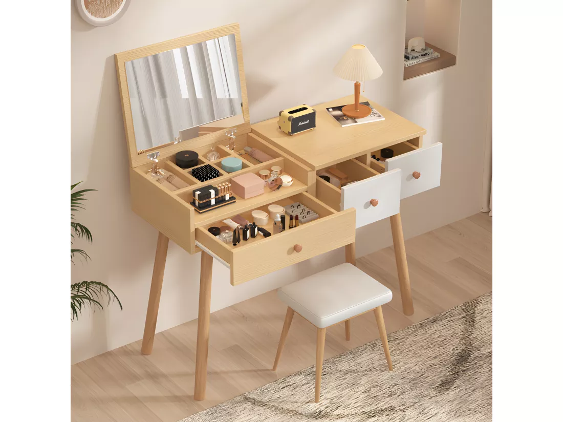 Coiffeuse avec miroir de rangement, 3 tiroirs, multiples compartiments de rangement, grande capacité de rangement - Naturel (tabouret non inclus)