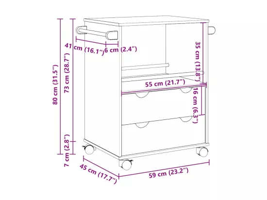 Chariot de cuisine OTTA 59x45x80 cm bois massif de pin