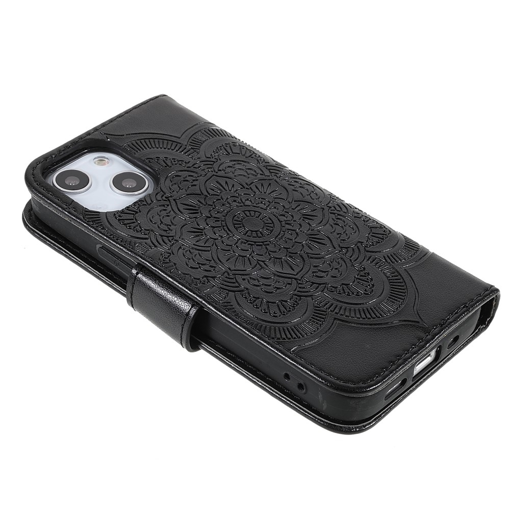 iPhone 13 Leder Tasche Wallet - Mandala Flowers Imprint - Schwarz