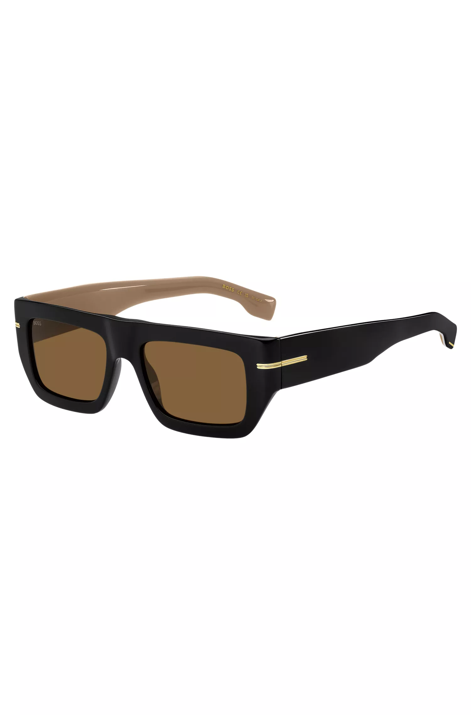 Óculos de sol BOSS em acetato preto com detalhes dourados exclusivos.