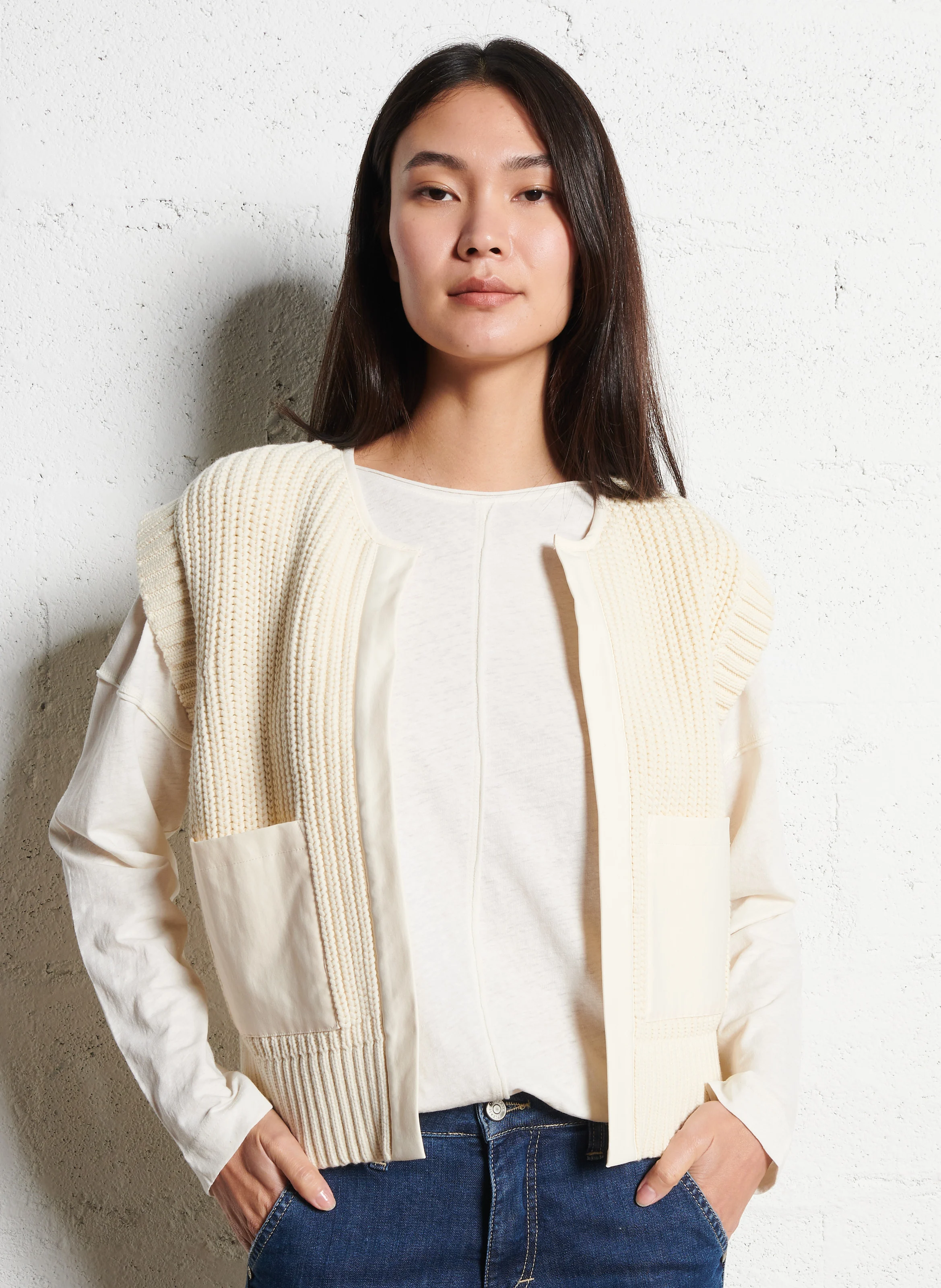 LAURENA - Gilet col rond en coton melangé | Blanc