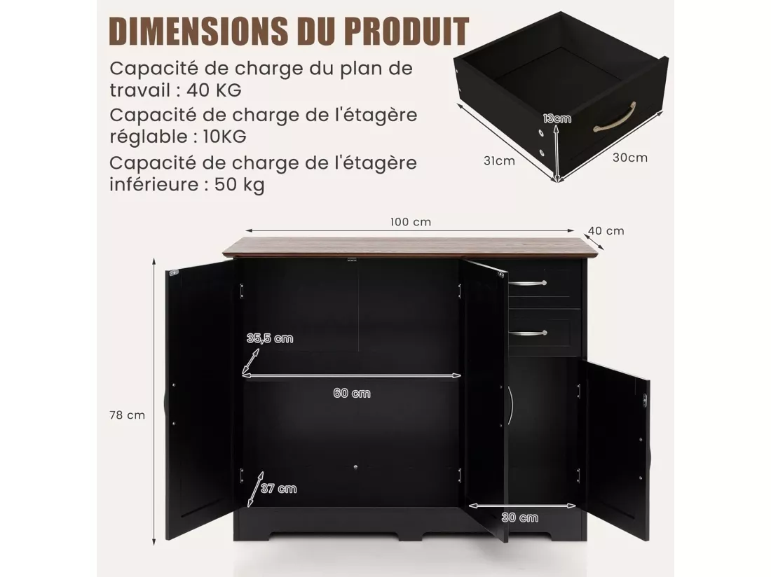 Buffet cuisine, armoire de cuisine 2 placards 2 tiroirs blanc, 100 x 40 x 78 cm (noir)