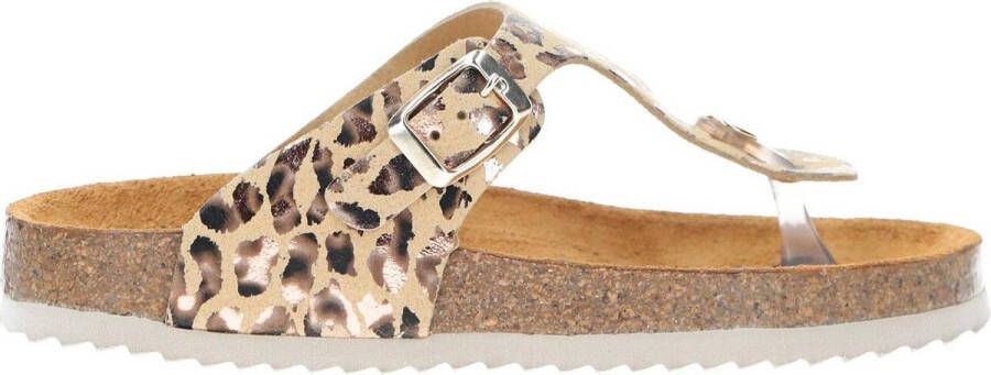 Develab 48202 leren teenslippers met panterprint beige goud