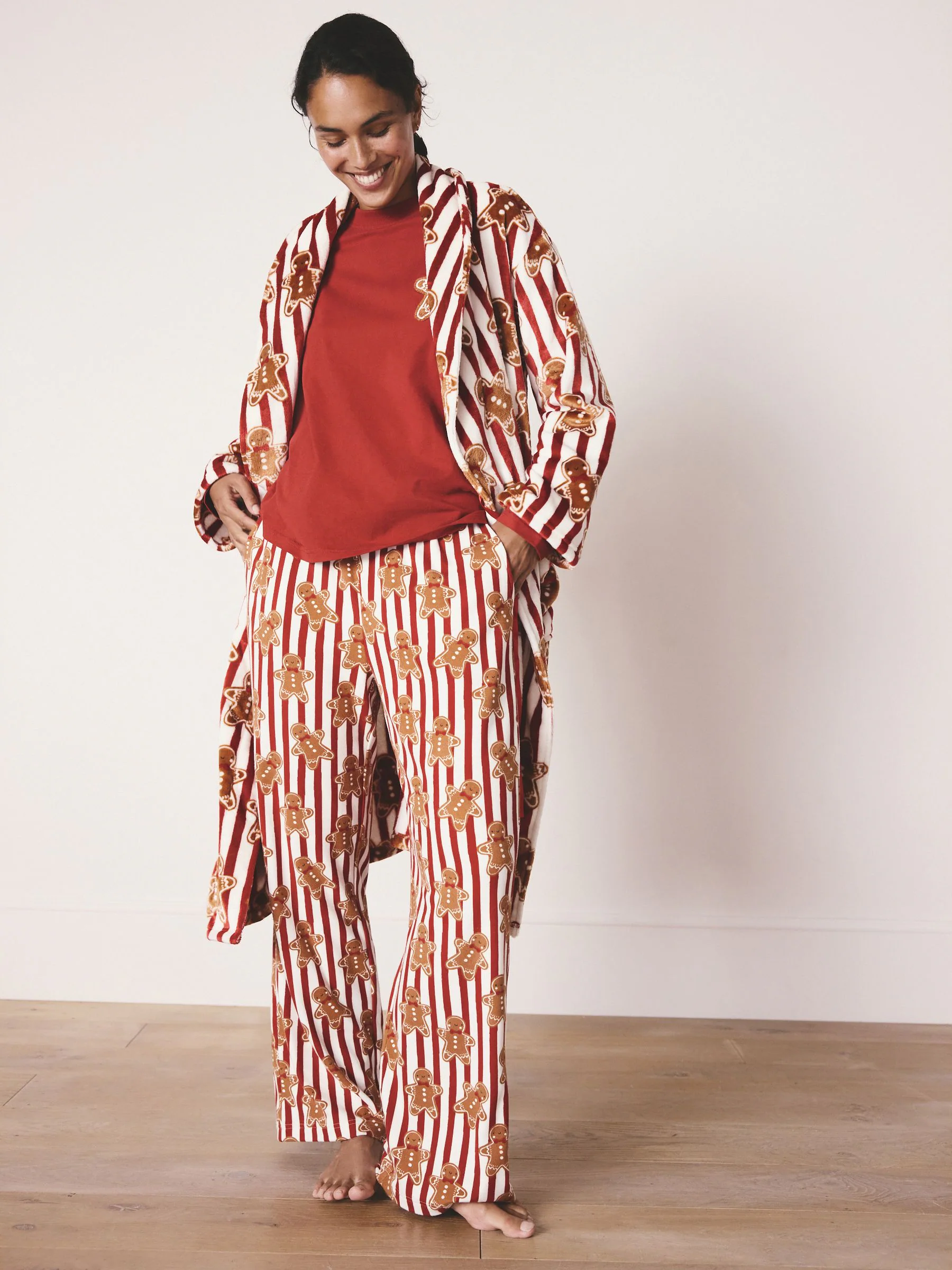 Rood met peperkoekprint - Bijpassende Familie Kerstmis Behaaglijke Fleece Badjas