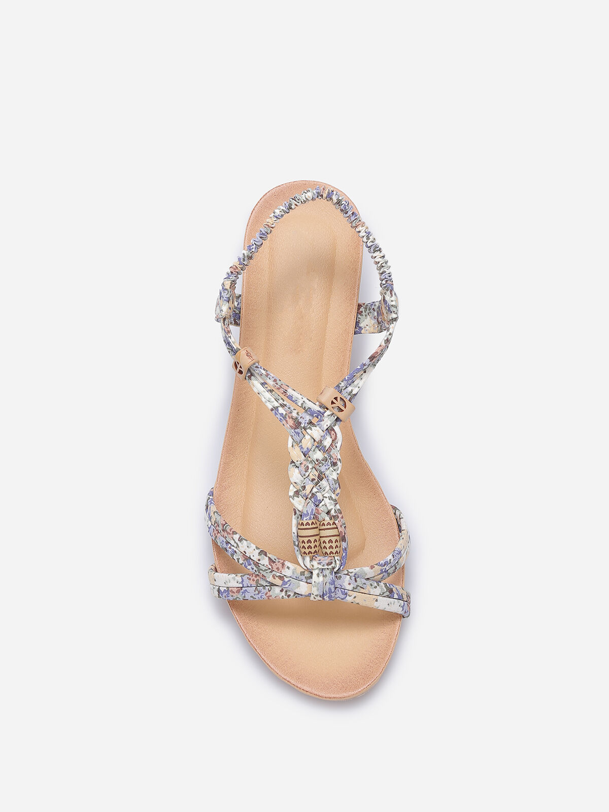 Sandales compensées à perles effet bois- Bleu / Beige