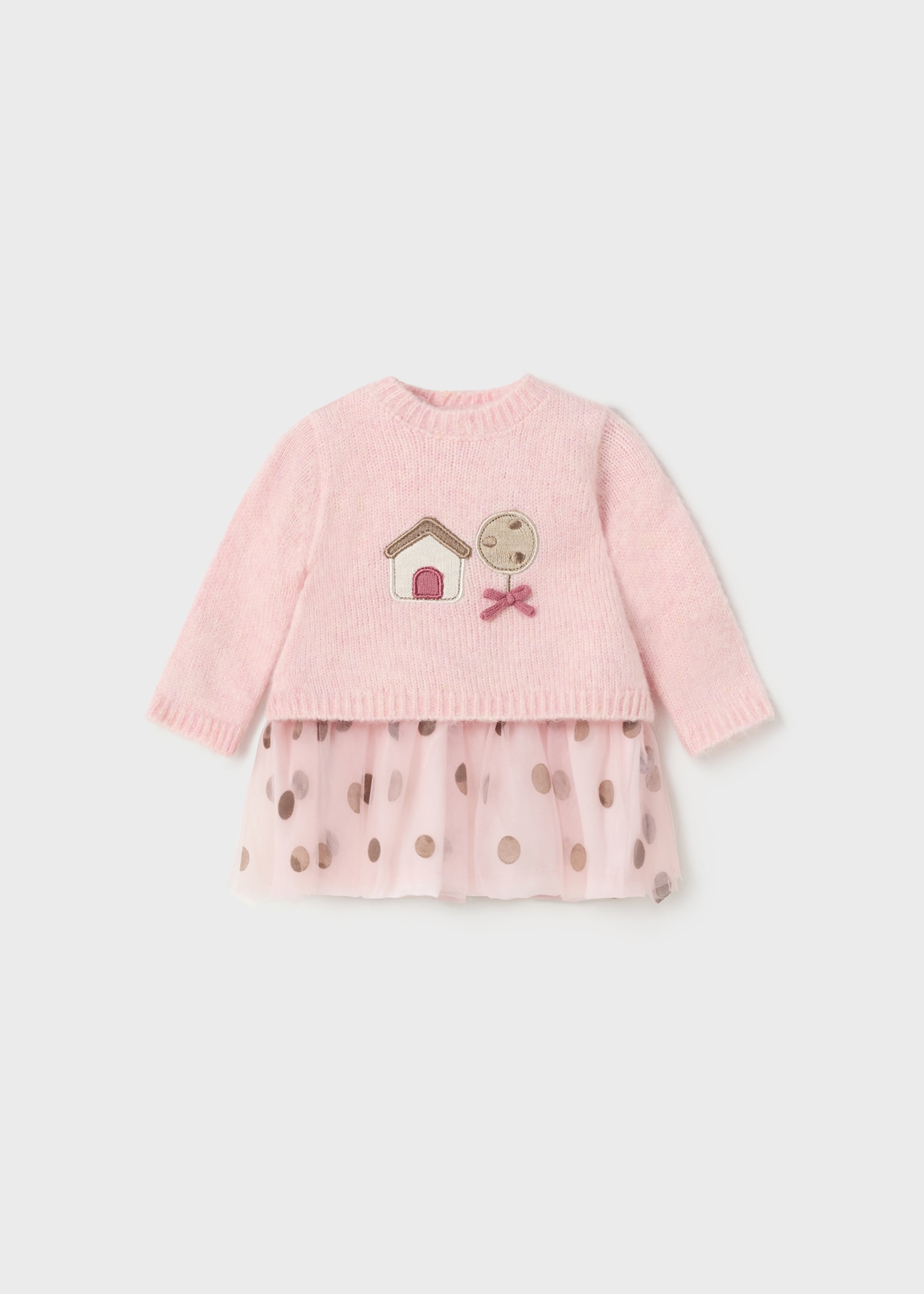 Vestido para recém-nascidos em malha e tule combinados.