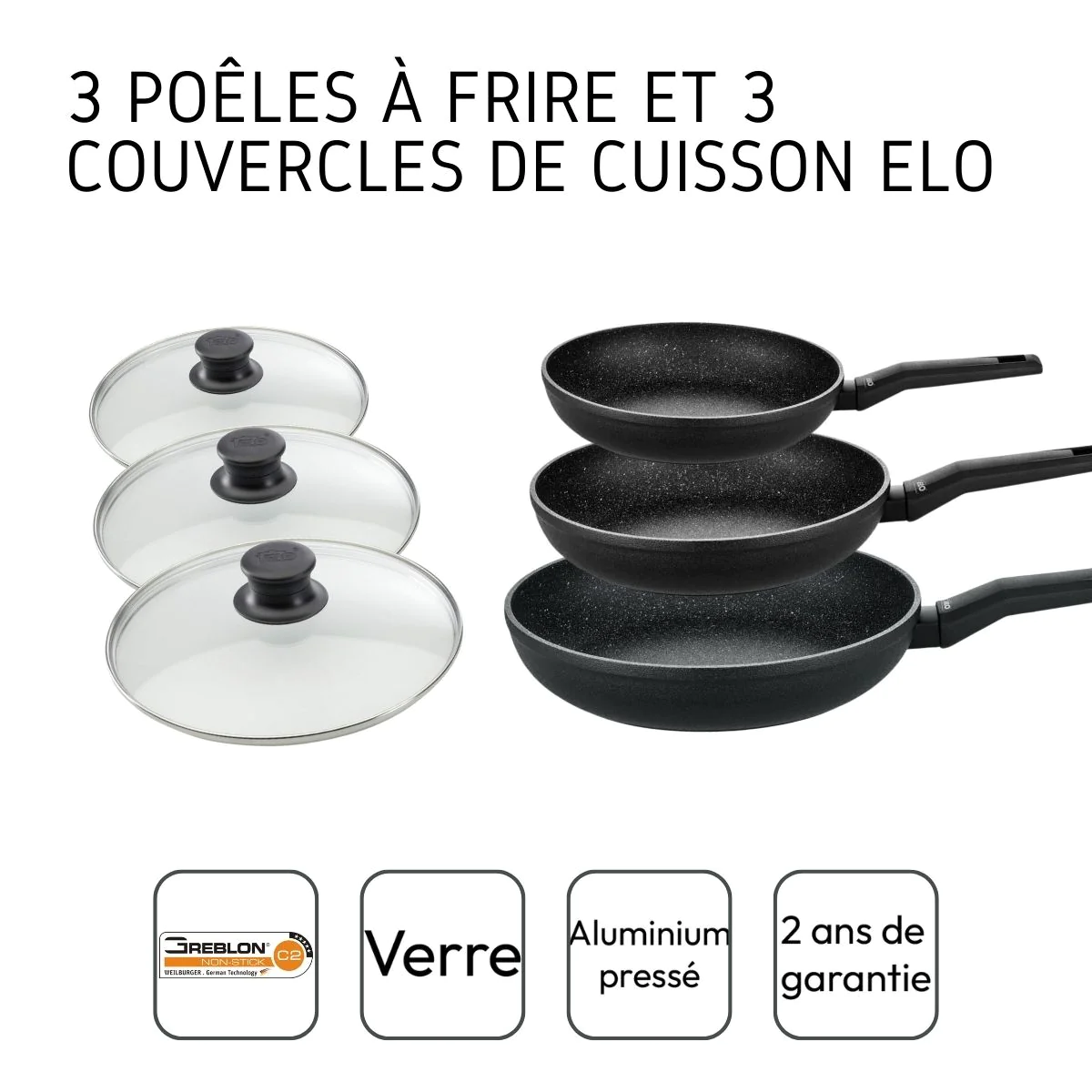 Ensemble de 3 poêles à frire et 3 couvercles en verre 20 cm 24 cm et 2