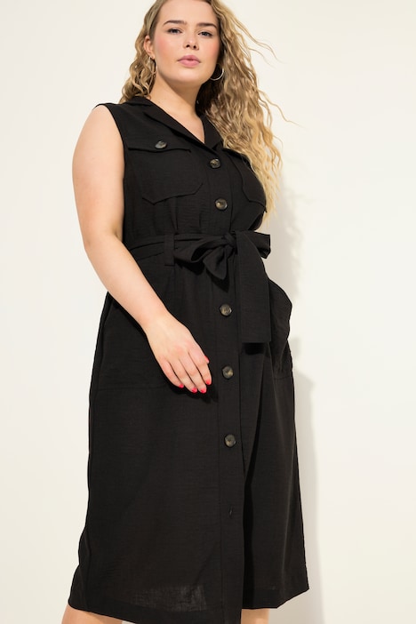 Utility-Midikleid, ärmellos, Leinenmix, Bindegürtel, Revers, Knopfleiste