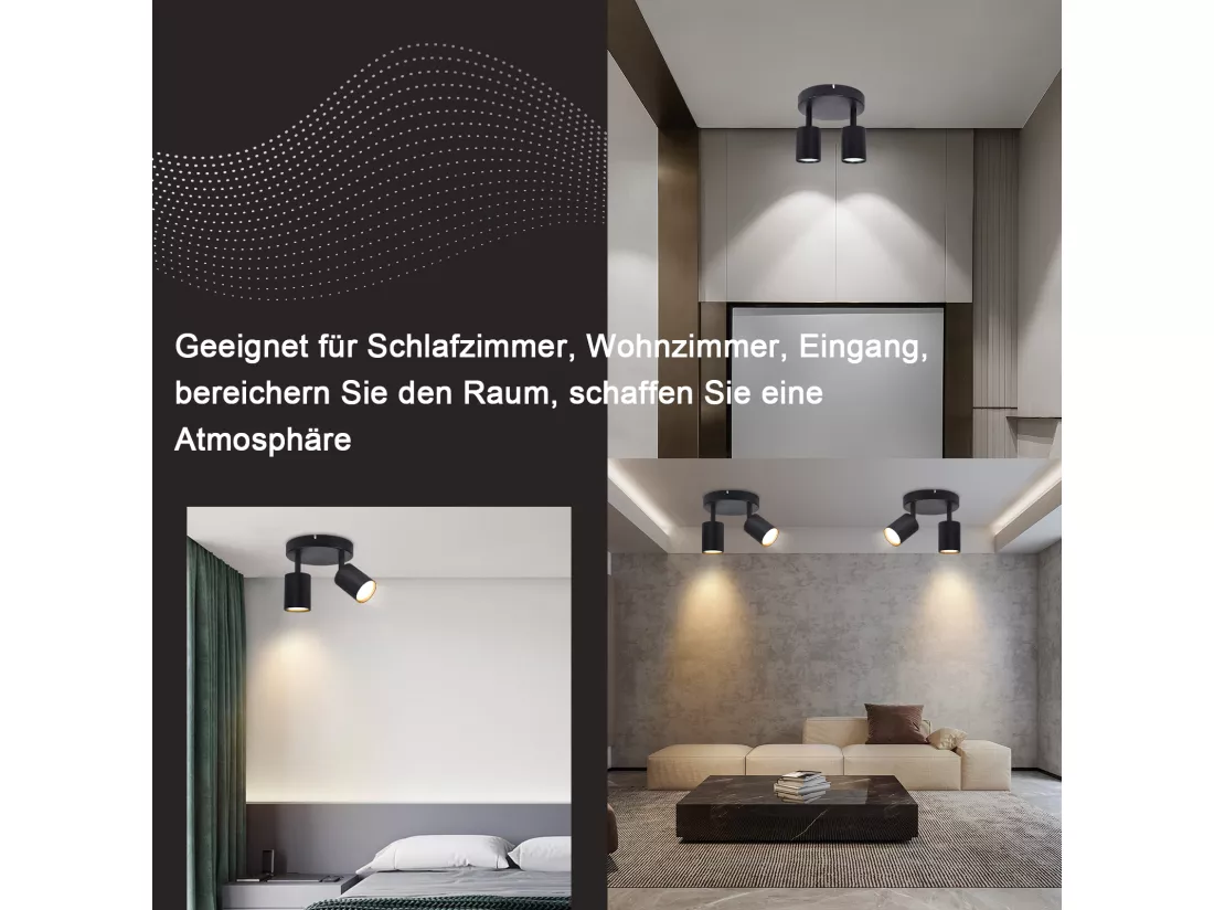 NETTLIFE Spot de plafond LED Plafonnier à 2 lampes noir GU10 330° orientables ronds modernes