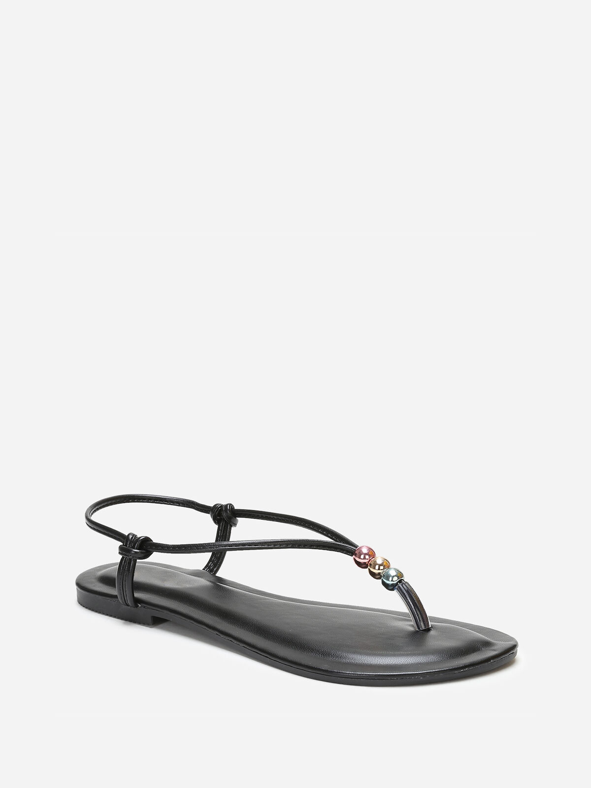 Nu-pieds à fines bride avec perles colorées- Noir