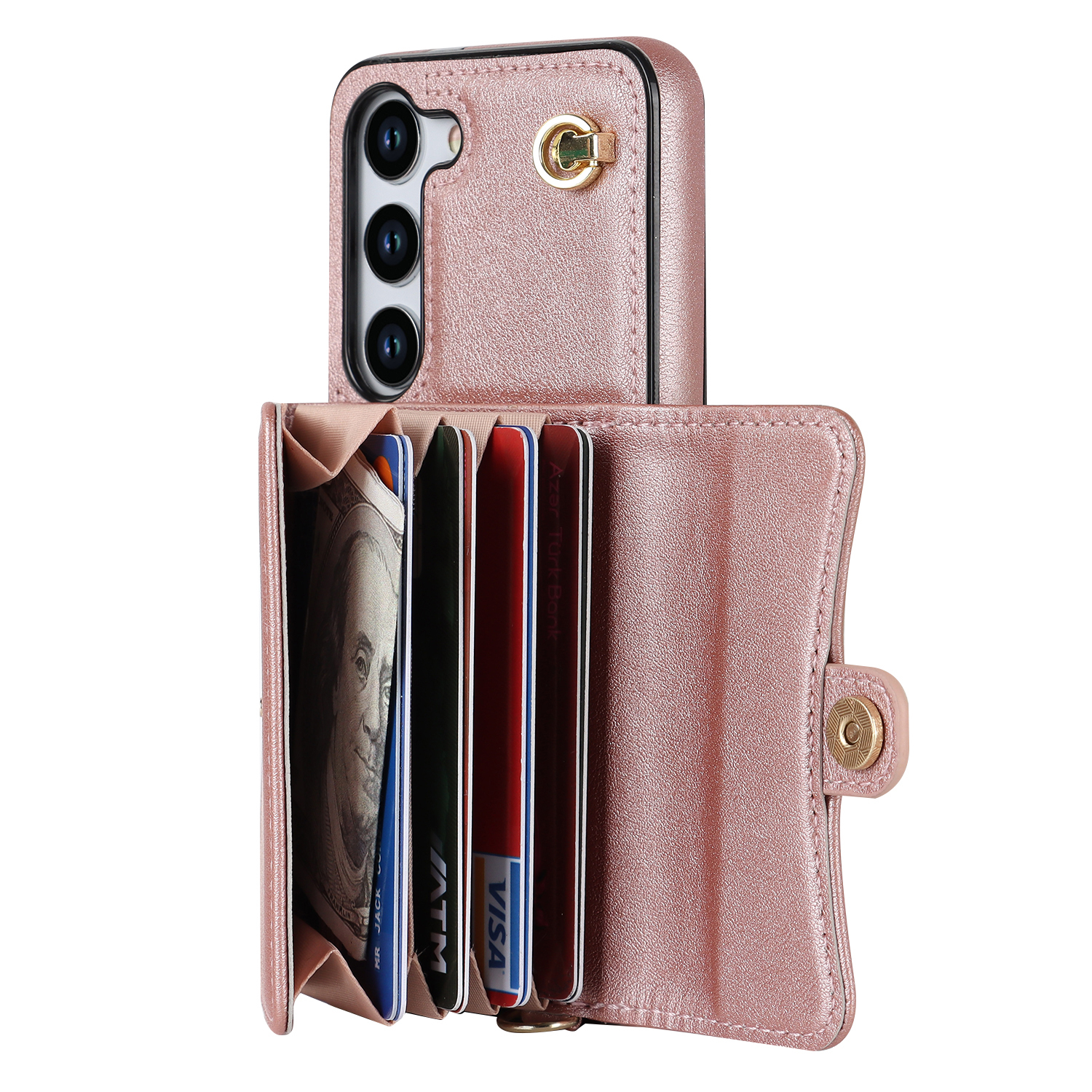 Samsung Galaxy S25 Necklace Leder Schutz Hülle mit Kartenfach   Handykette (140cm) - Roségold