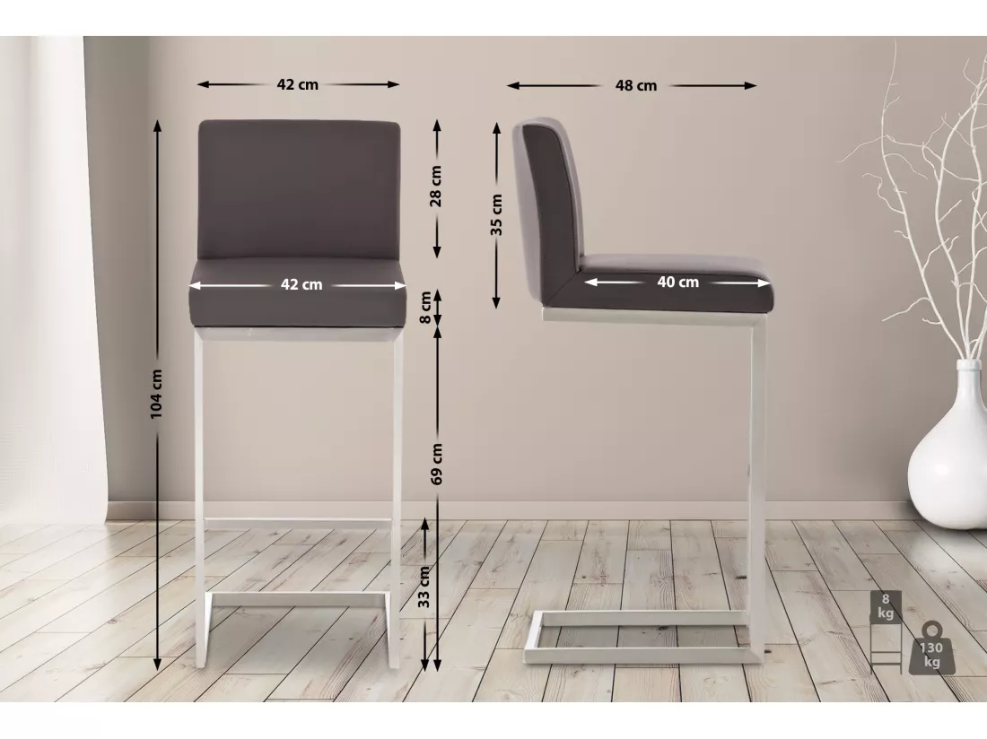 Lot de 2 Tabouret de bar - Similicuir - Marron - Paros