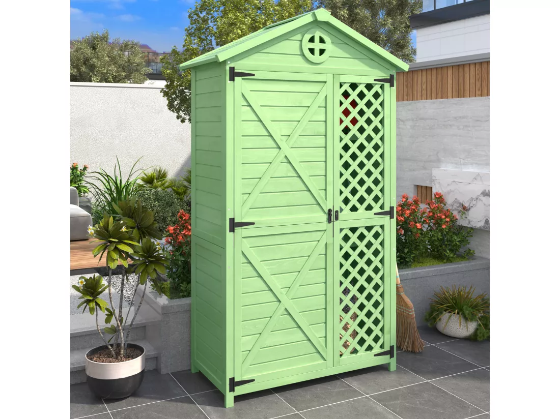 Abri de jardin en bois massif avec toit pente résistant aux intempéries - 2 portes 3 étagères - 90 x 56.5 x 175.3 cm - Vert