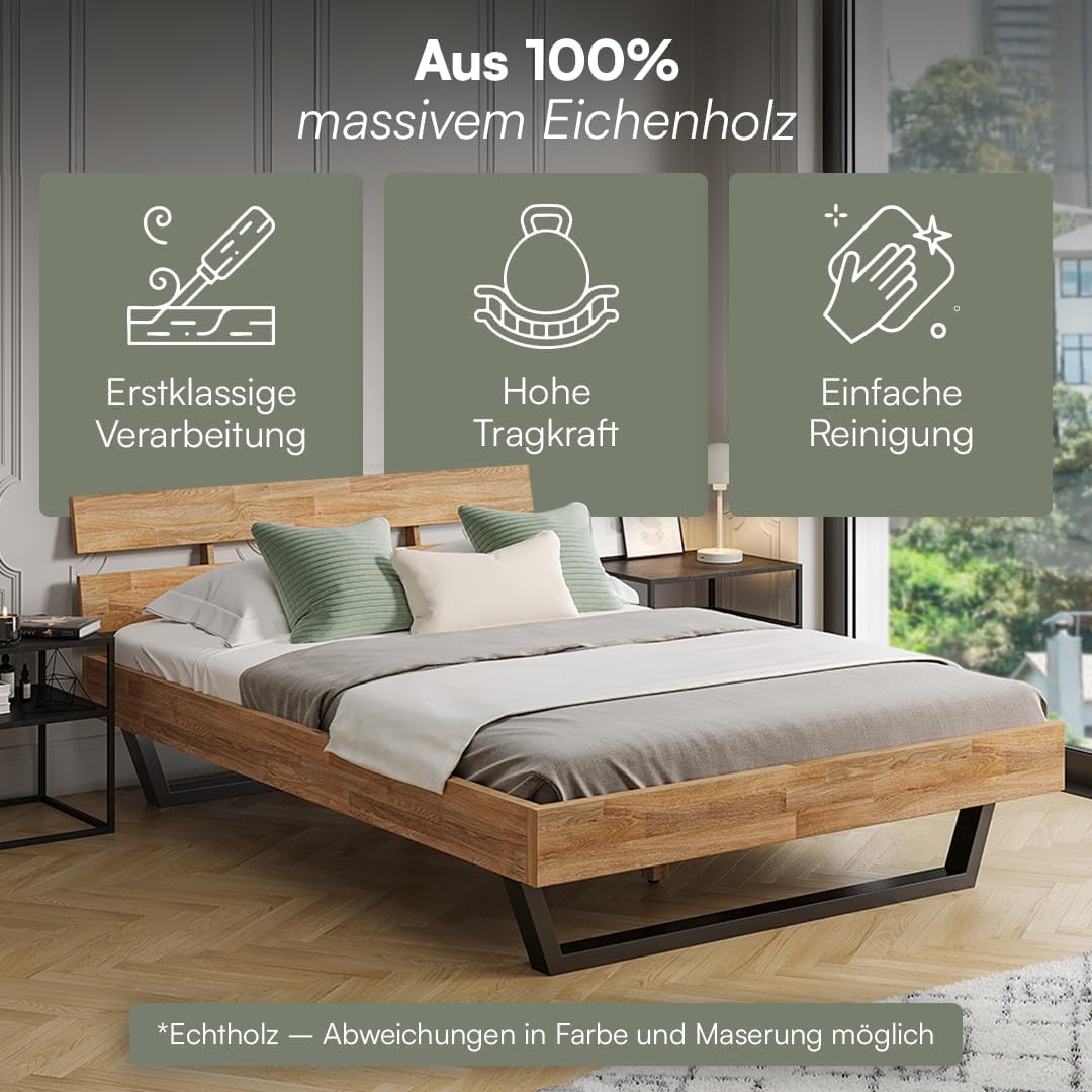 skølm Alver Massivholzbett 140x200 cm – Bettgestell aus Massivholz Eiche geölt – Holzbett mit schwarzen Metallkufen – hochwertiges Bett mit 2 Streben als Bettkopf – Bettrahmen geeignet als Doppelbett