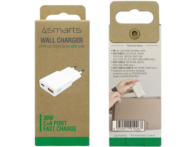 4smarts USB-Wandladegerät PDPlug Slim Duos 30 W Kompakter USB-C-Ladeadapter mit GaN-Technologie