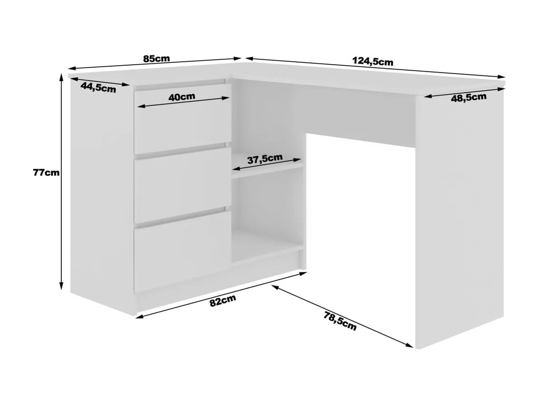 Bureau AKORD d'angle gauche B16 Chêne Craft 124 cm 3 tiroirs façade Chêne Craft 2 étagères 124x85x77 cm