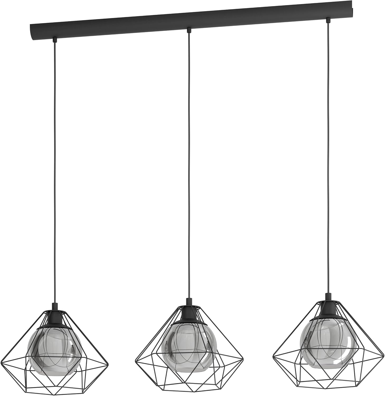 EGLO Pendelleuchte Vernham, 3 flammige Hängelampe Vintage, Industrial, Retro, Hängeleuchte aus Stahl und Rauchglas, Schwarz, Esstischlampe hängend mit E27 Fassung