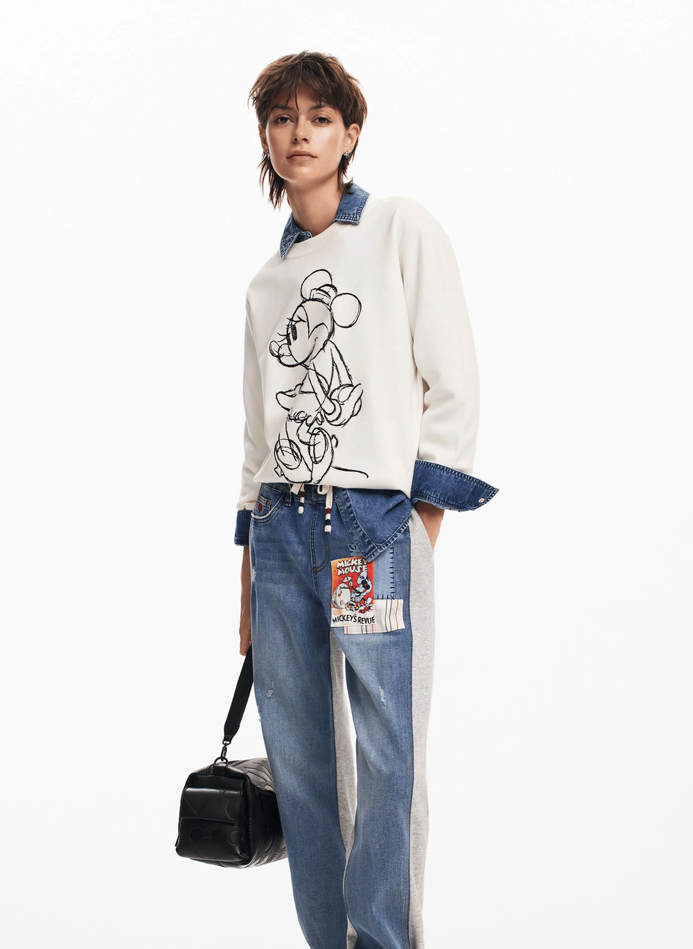 Pantalon jogger bi matière en coton mélangé | Bleu