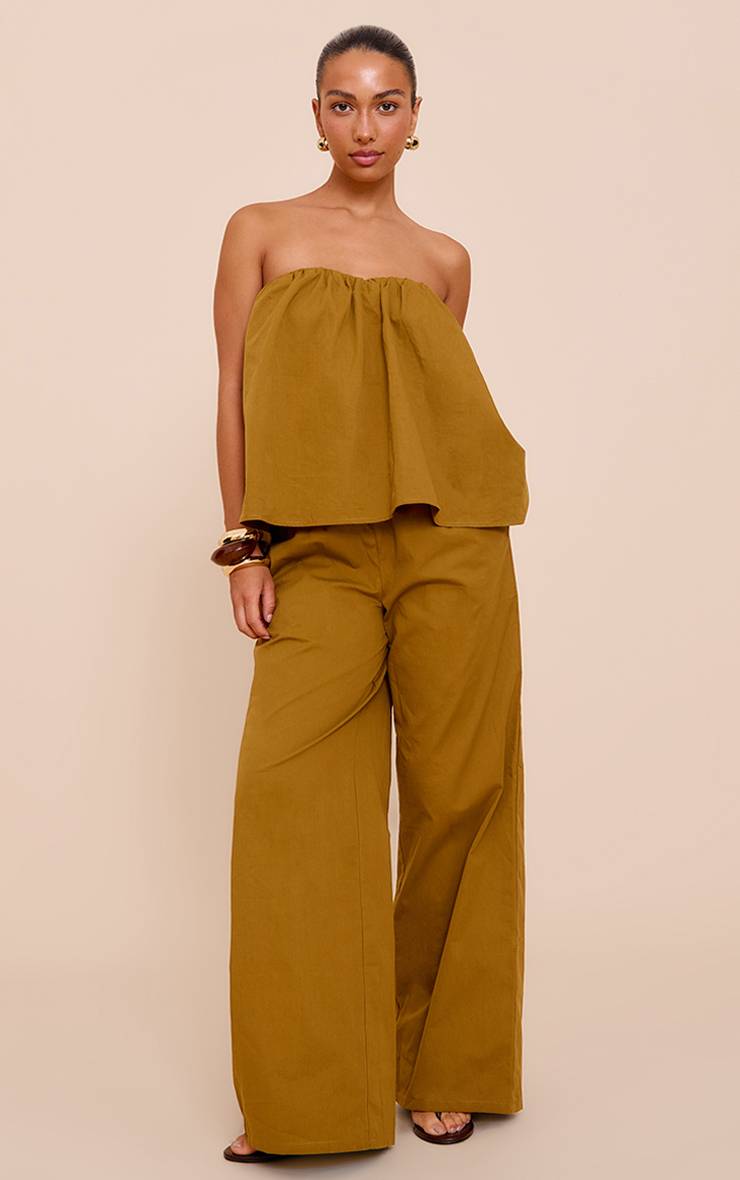 Vert Olive Pantalon Large En Coton Tissé À Taille Élastiquée