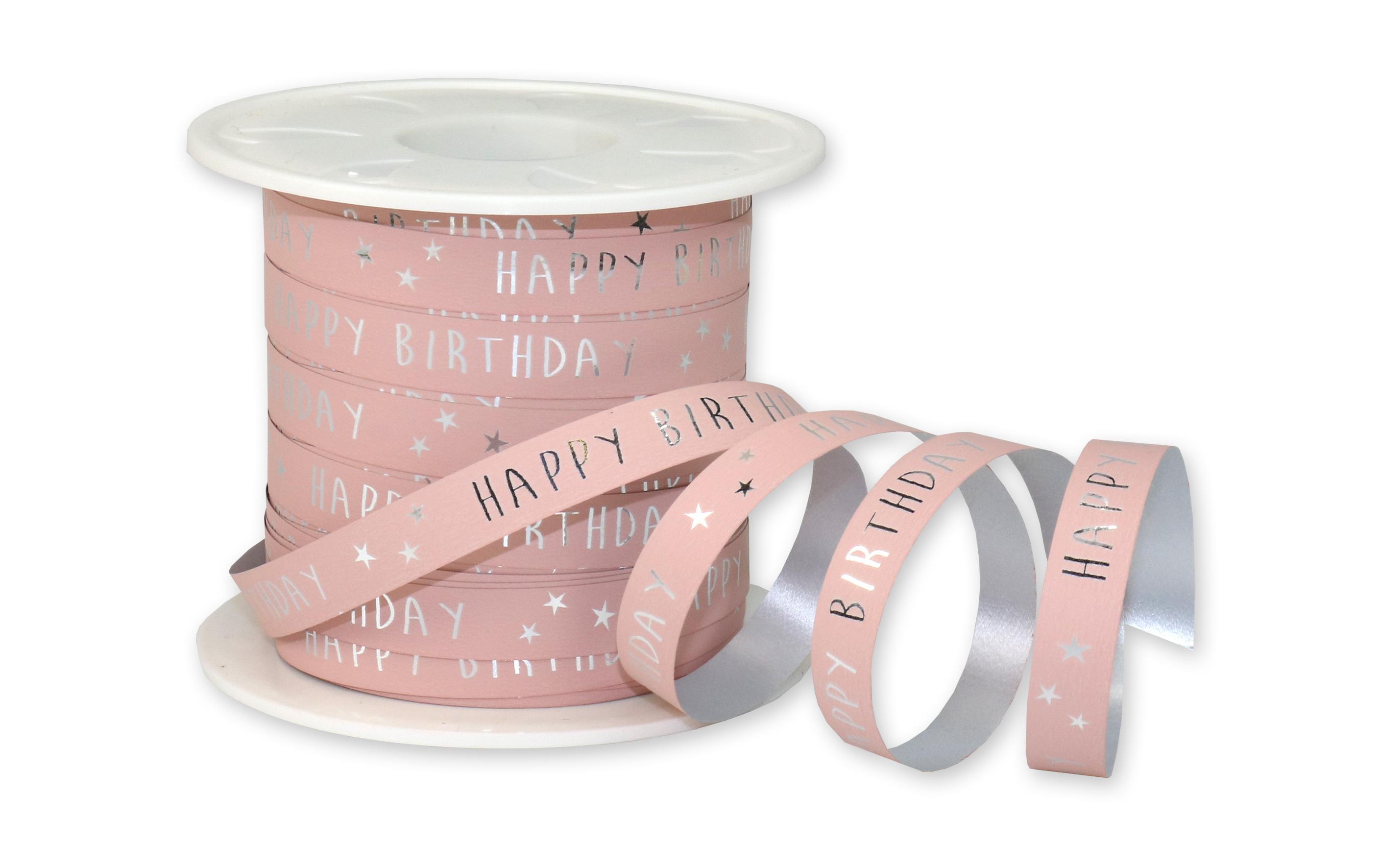 Geschenkband Happy Birthday 1 cm x 100 m, RosaKräuselband für Geschenke
