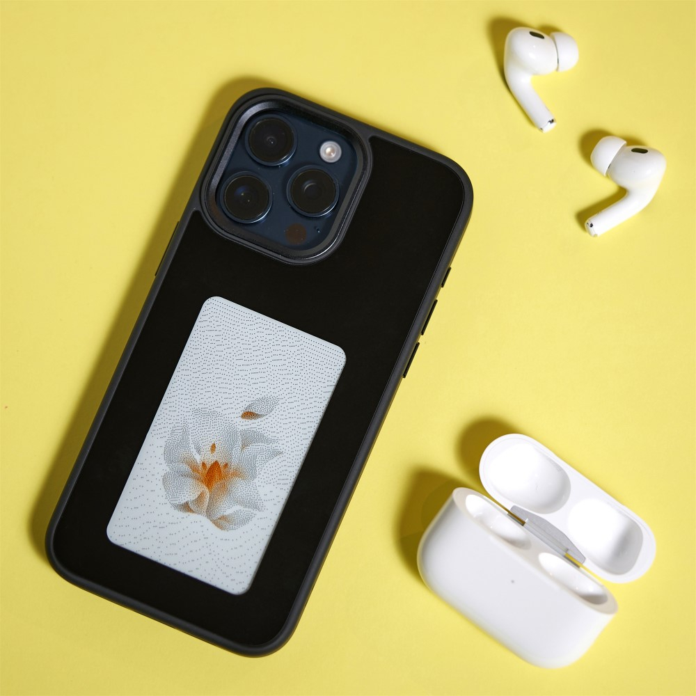 iPhone 14 Pro Max Hybrid Hülle TPU Bumper mit Acryl Rückseite   DIY E-Ink Display mit NFC Technologie - Schwarz
