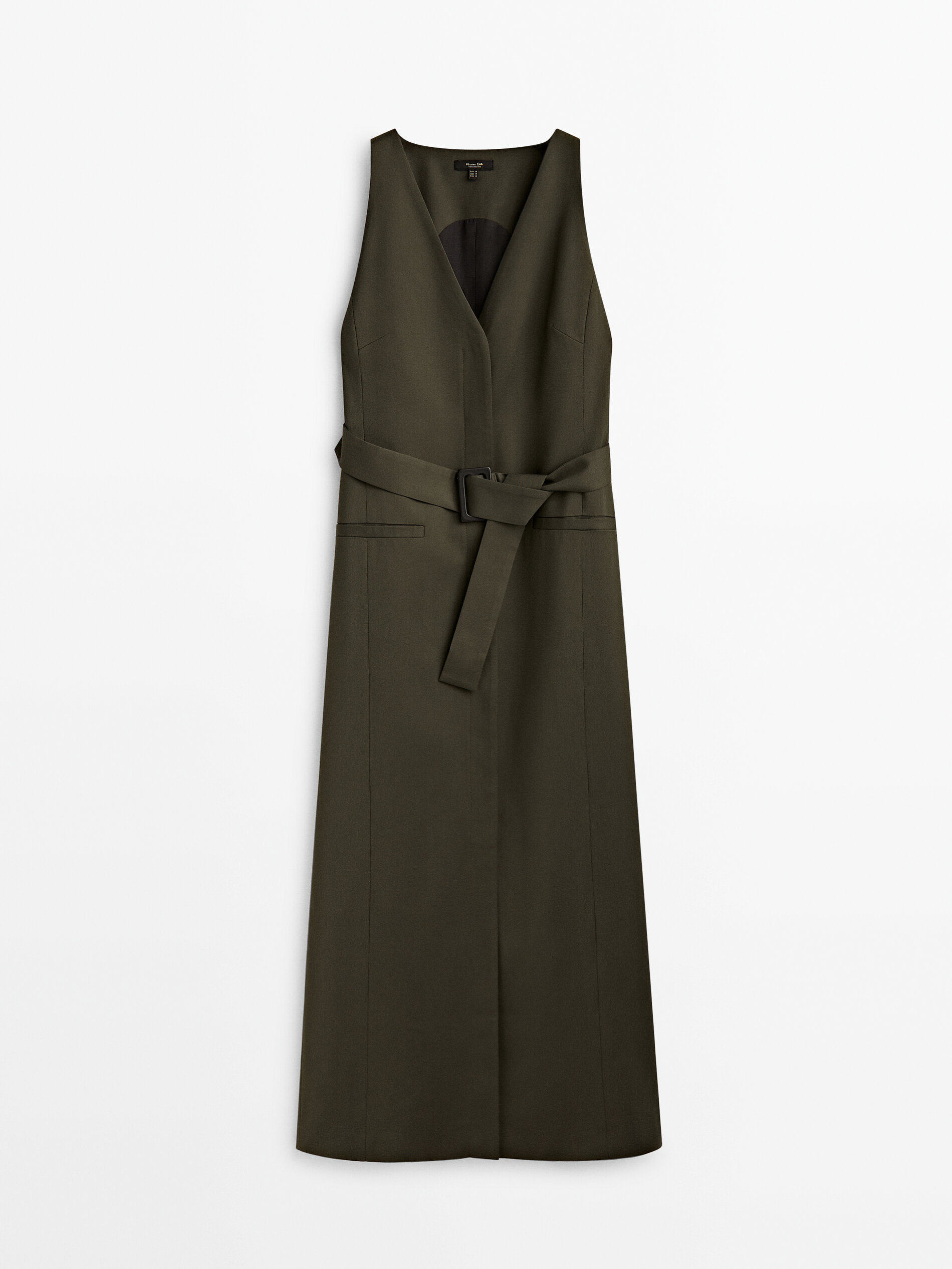 Vestido midi sob medida com cinto - cáqui