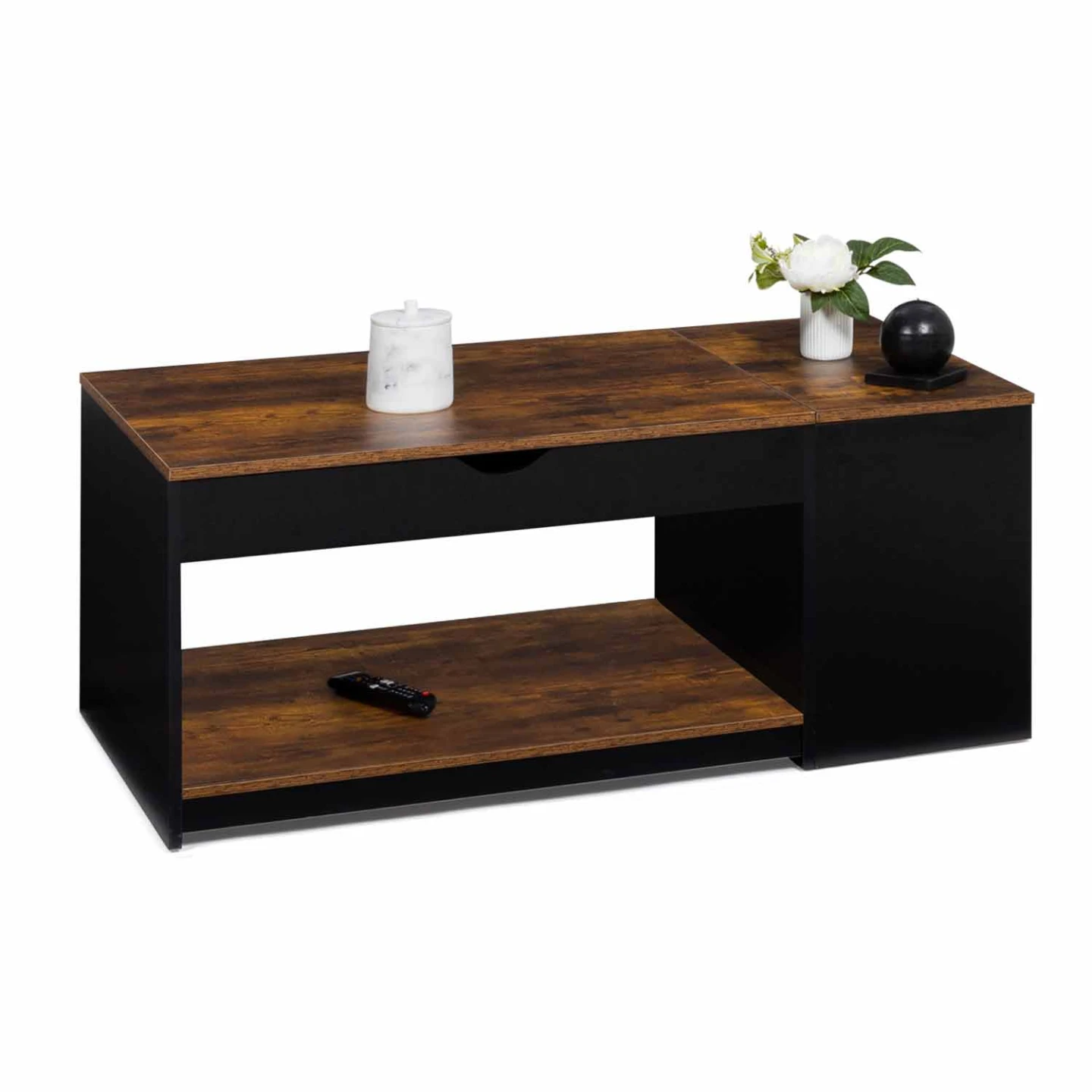 Table basse plateau relevable rectangulaire ELEA avec coffre bois effet vieilli et noir