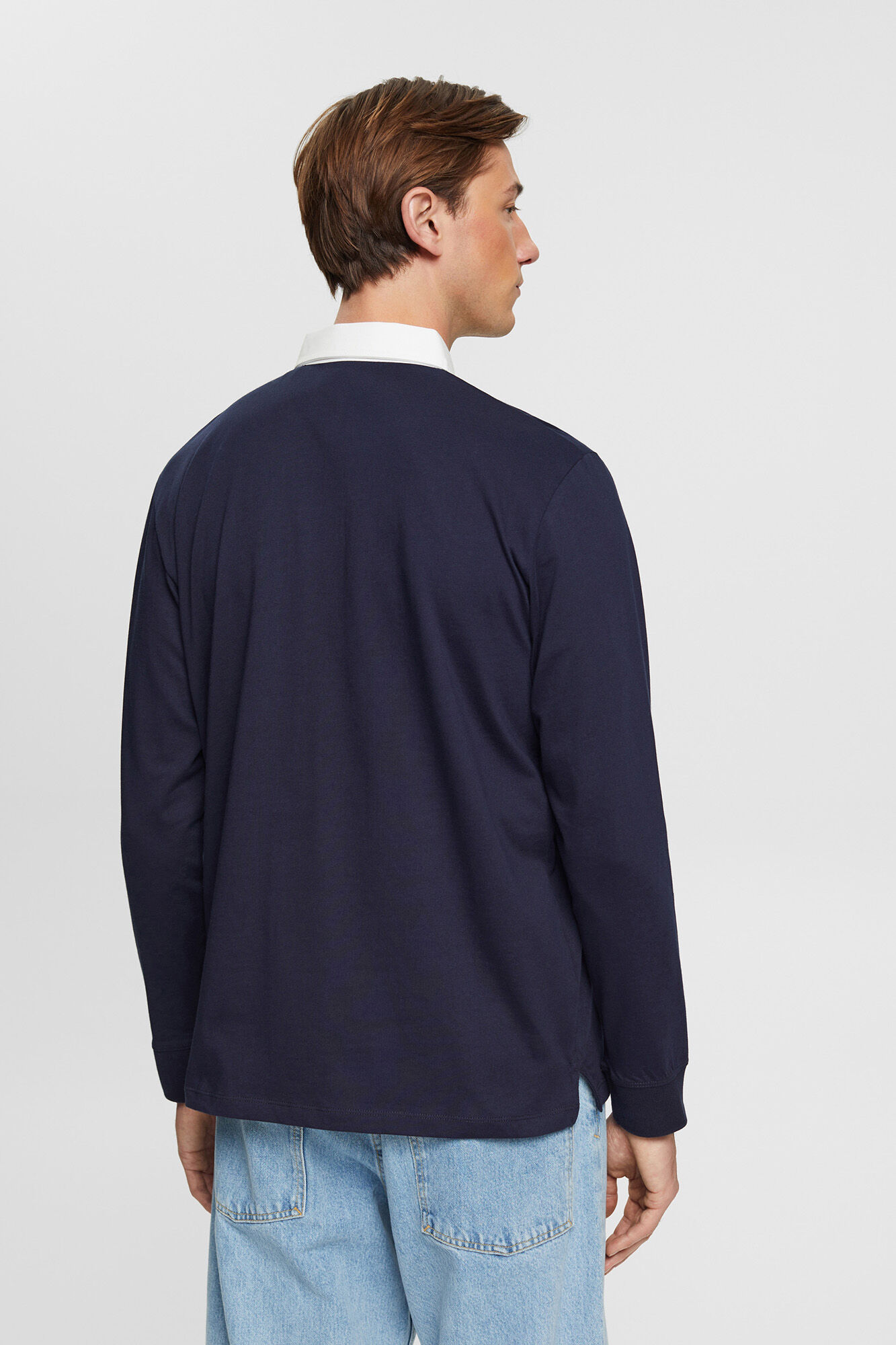 Camisa polo de algodão de manga comprida - Azul marinho