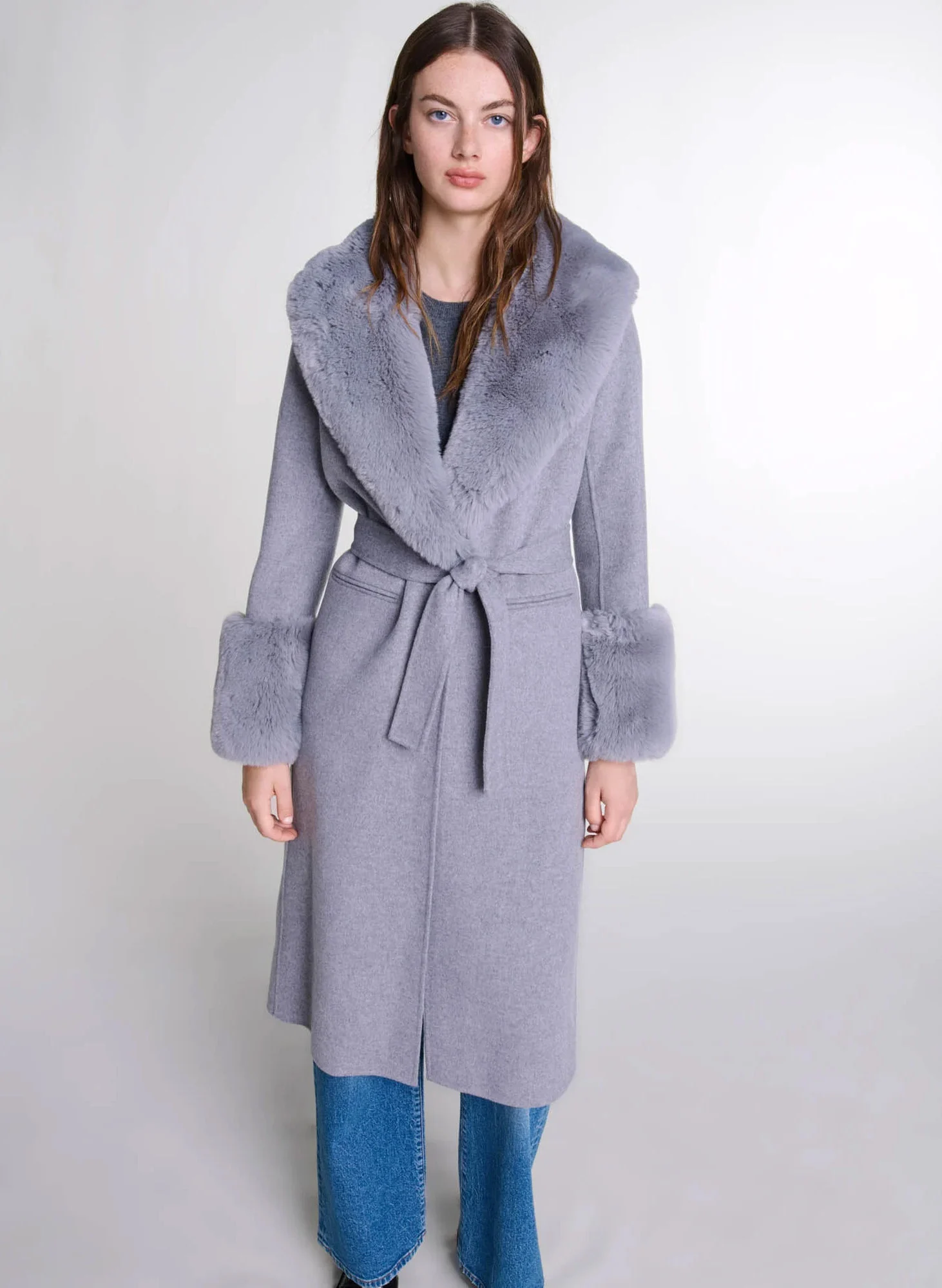Manteau droit col châle en laine mélangée | Gris
