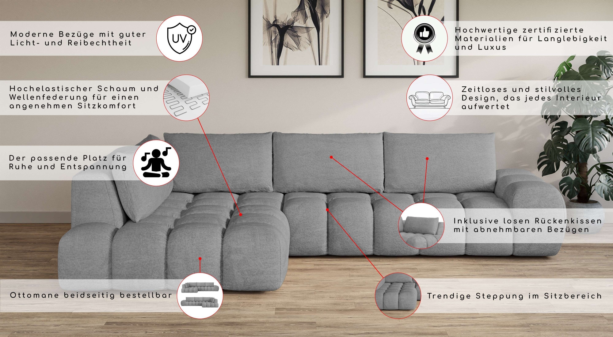 GOODproduct Ecksofa »AZITA klein, L-Form, elegant und bequem Designsofa in Bubble-Optik« lose Rückenkissen, traumhafte Steppung, Masse B/T/H: 296/176,5/89 cm