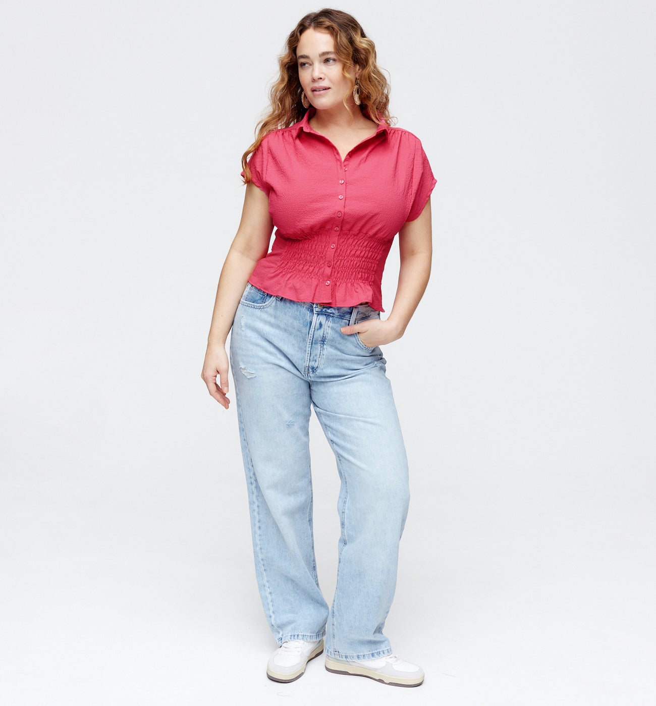 Chemise crêpée smockée Femme - Rose