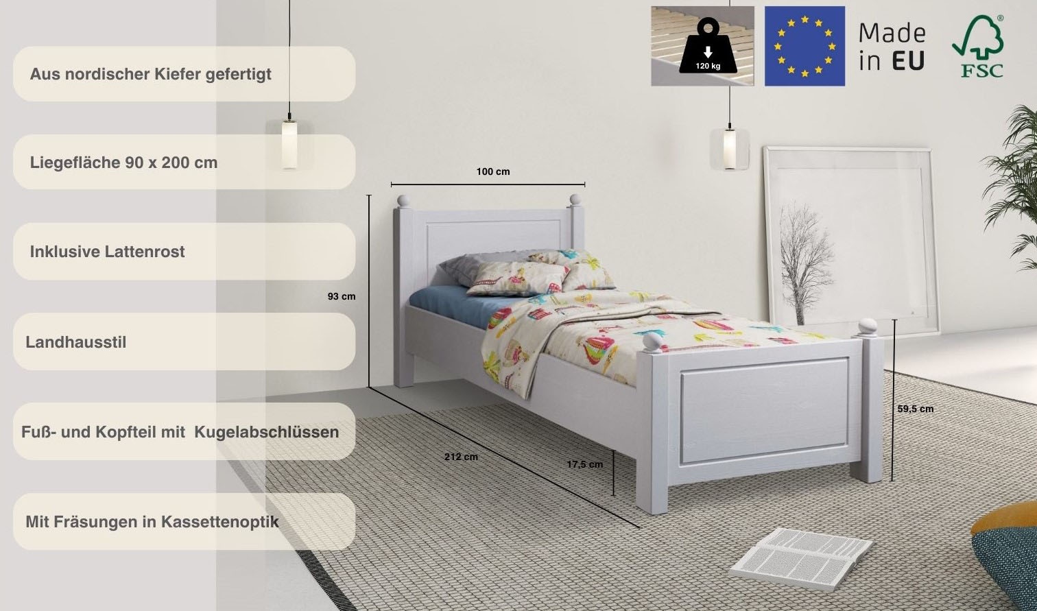 Home affaire Massivholzbett »Mila, hohe Belastbarkeit Jugendbett,! FSC® zertifiziertes Massivholz« Breite/Belastbarkeit 180cm/220 KG, 140cm/180 KG, 90cm/=120 KG,  aus massiver Kiefer, inklusive Lattenrost