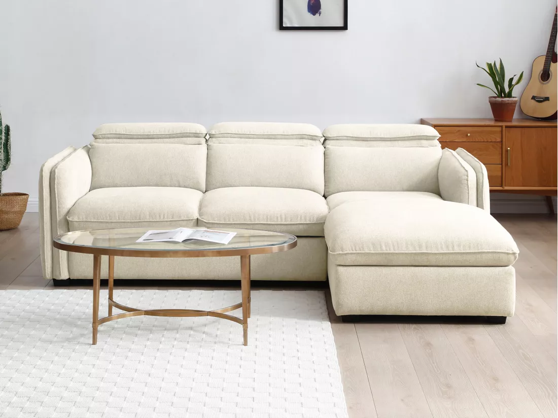 Canapé d'angle droit convertible en tissu beige ORELANA