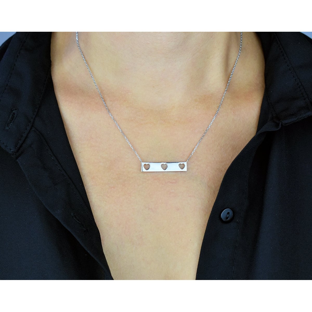 Collier rectangle de 3 coeurs ajourés Argent 925 Rhodié