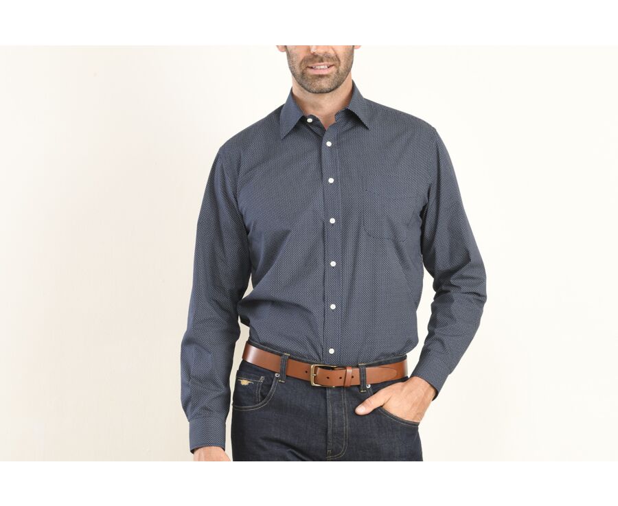 Chemise coton imprimée navy motif beige - Poche poitrine - ALBÉRIC