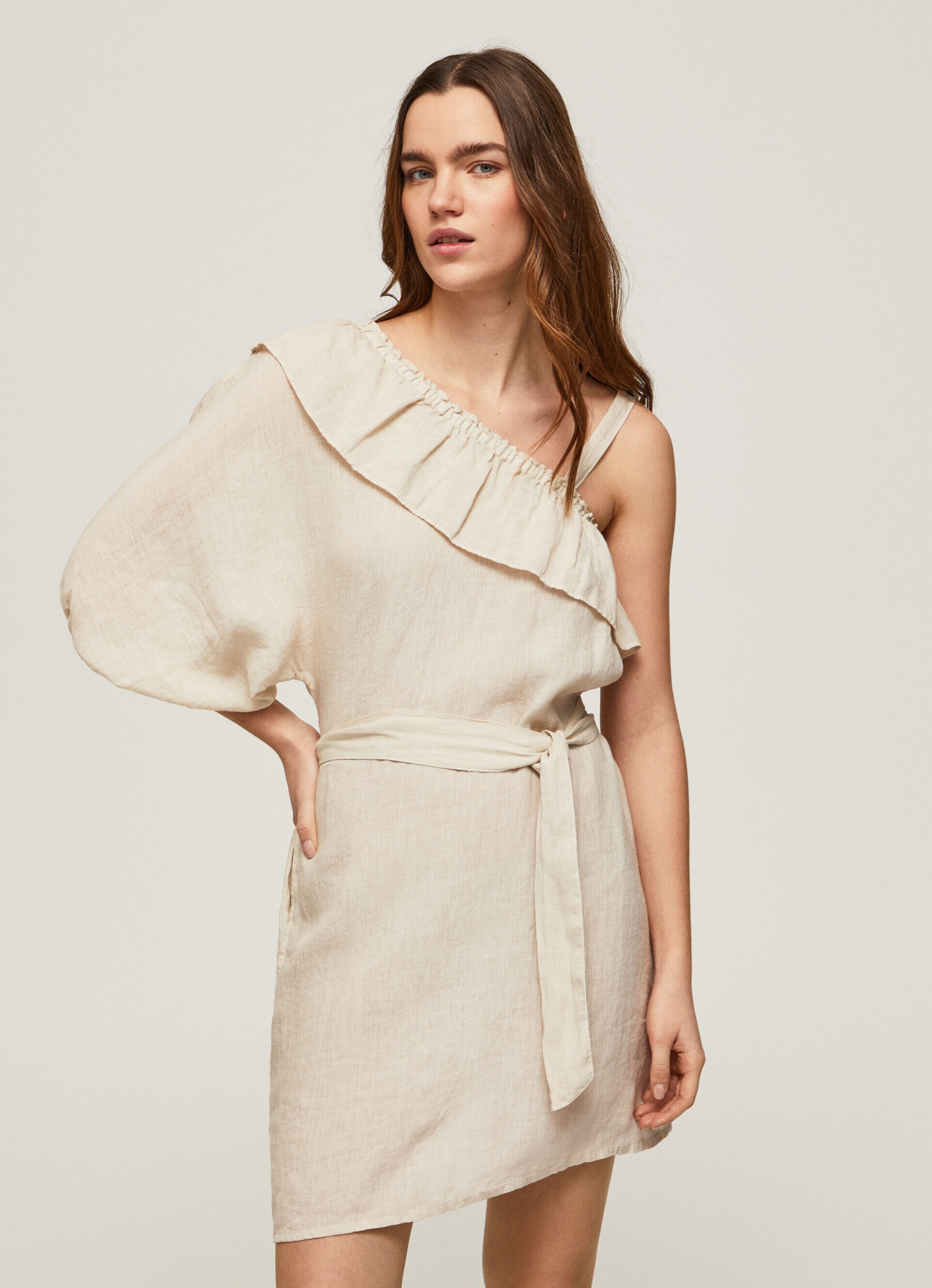 VESTIDO DE LINHO ASSIMÉTRICO - bege pedra