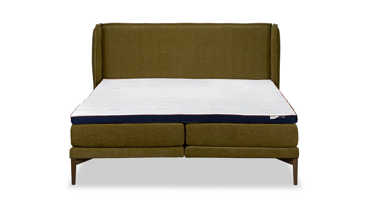 Bed Element Vivid met gestoffeerde matrassen en Cool Motion topper curry