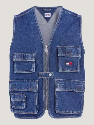Colete utilitário casual com zíper em jeans desbotado