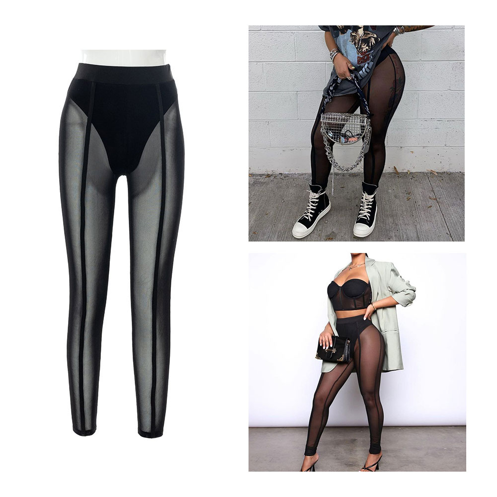 (Gr. M) Transparente High Waist Mesh Pole Leggings Elastische Netz Stretch Hosen - Schwarz