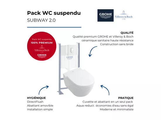 Pack WC suspendu sans bride VILLEROY ET BOCH Subway 2.0 blanc Alpin + abattant + plaque blanche + bâti Grohe