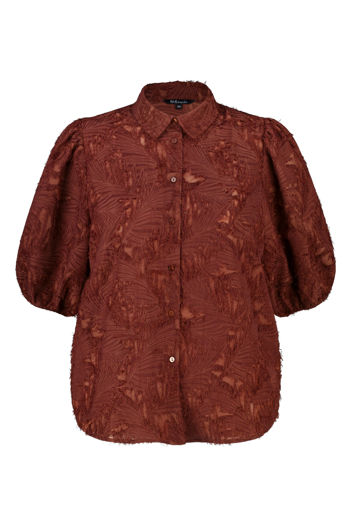 Blouse met structuur en ballonmouwen Midden bruin