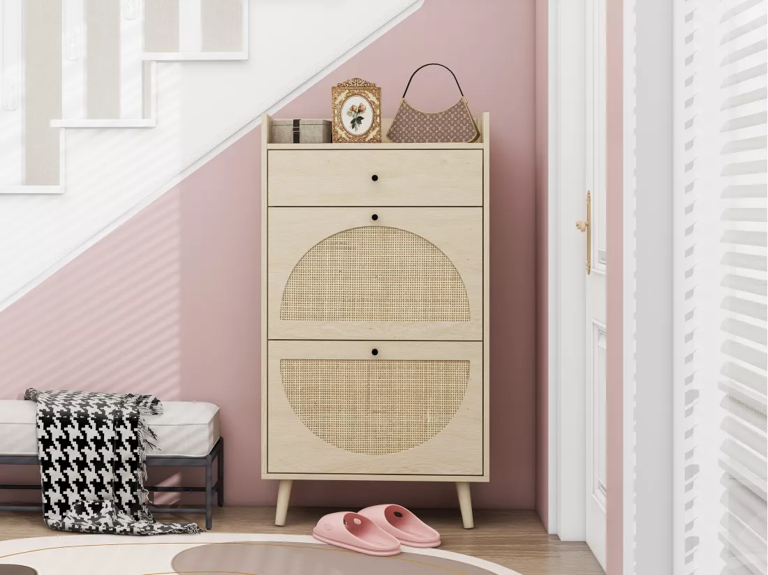 Haobosic - Meuble à chaussures avec 2 portes et 1 tiroir, design en rattan naturel, étagères ajustables, 60 cm, sans dos, idéal pour couloir