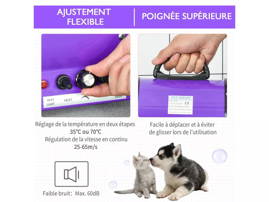 Séchoir sèche-poils toilettage professionnel pour chien chat animaux 2800 W température + vitesse réglable rose fuchsia noir