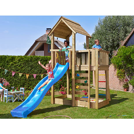 Jungle Gym Mansion 2.1 legetårn inkl. 120 kg sand og blå rutsjebane