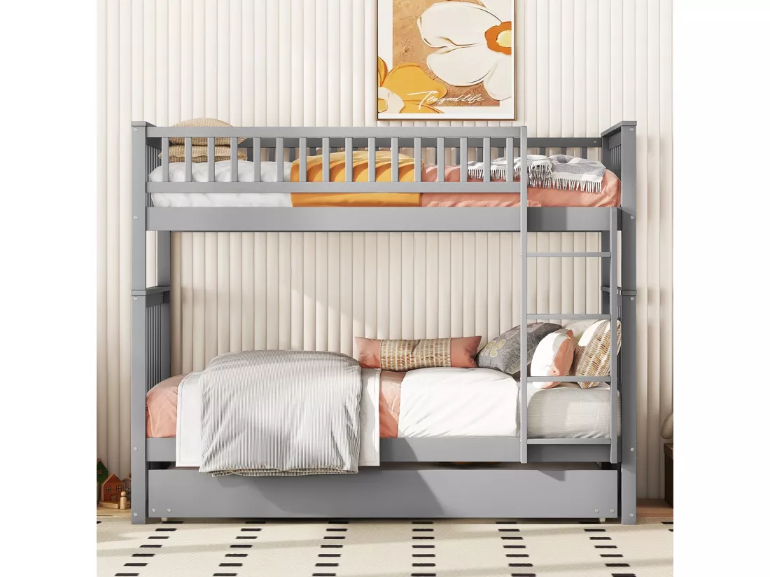 Lits superposés 2 x 90 x 200 cm + lit gigogne 90 x 190 cm - Bois MDF - Gris - ANTHONY