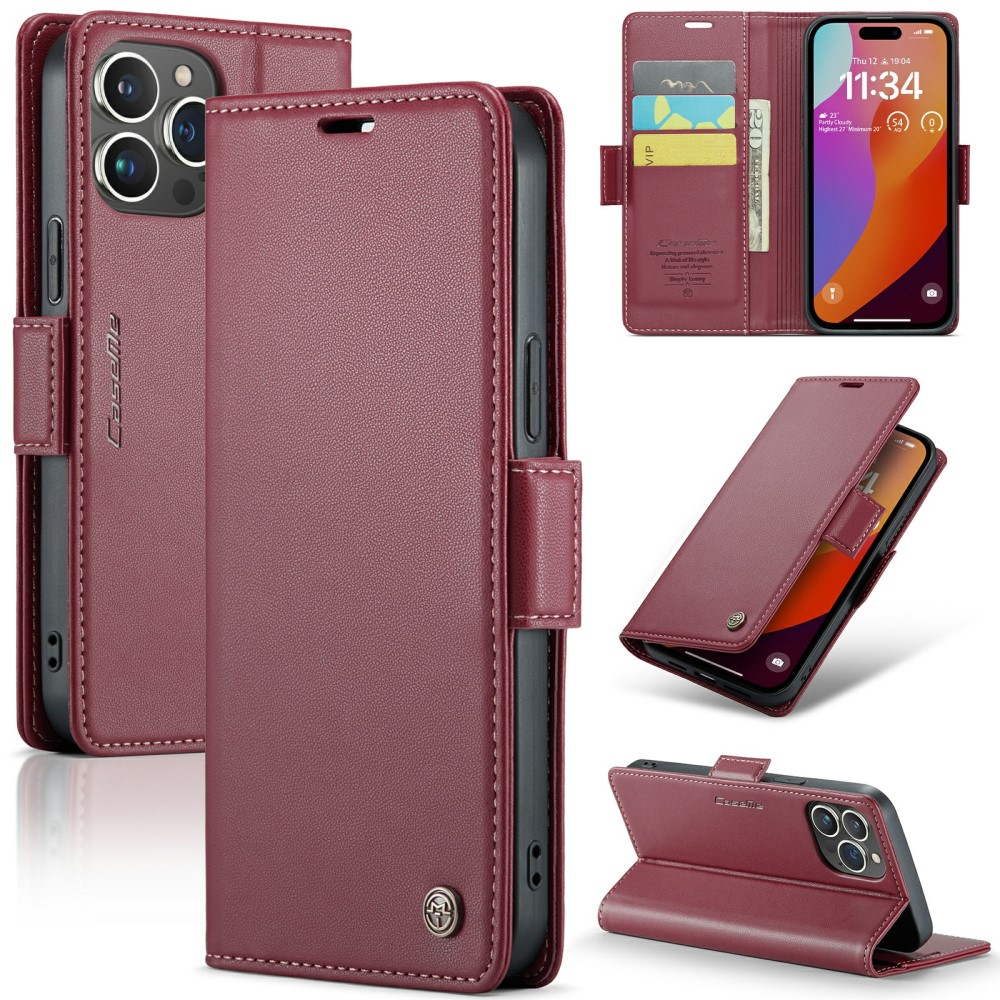 iPhone 16 Pro Leder Tasche Flip Wallet Etui mit Kartenfächern Litchi Look (RFID Schutz) - Dunkelrot