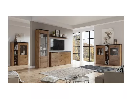 Vaisselier design 2 portes pour salon couleur chêne et noir effet bois. collection SANTIAGO.