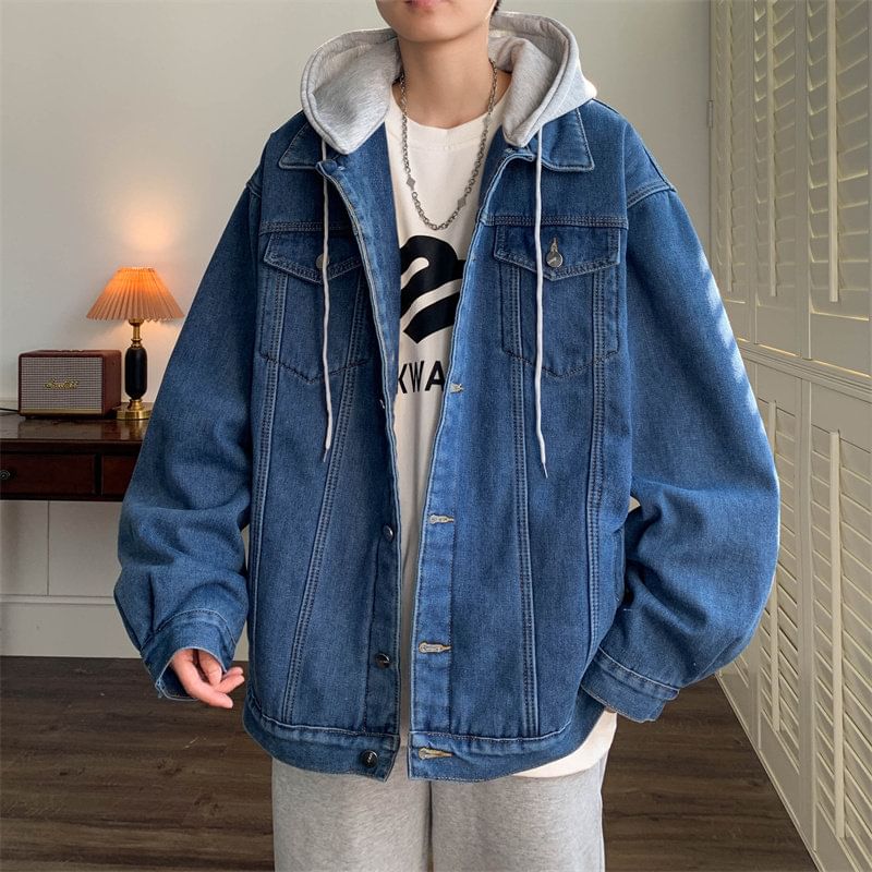 Bay Go Mall - Tweedelig, gewassen denim jack met kraag en capuchon en knoopsluiting