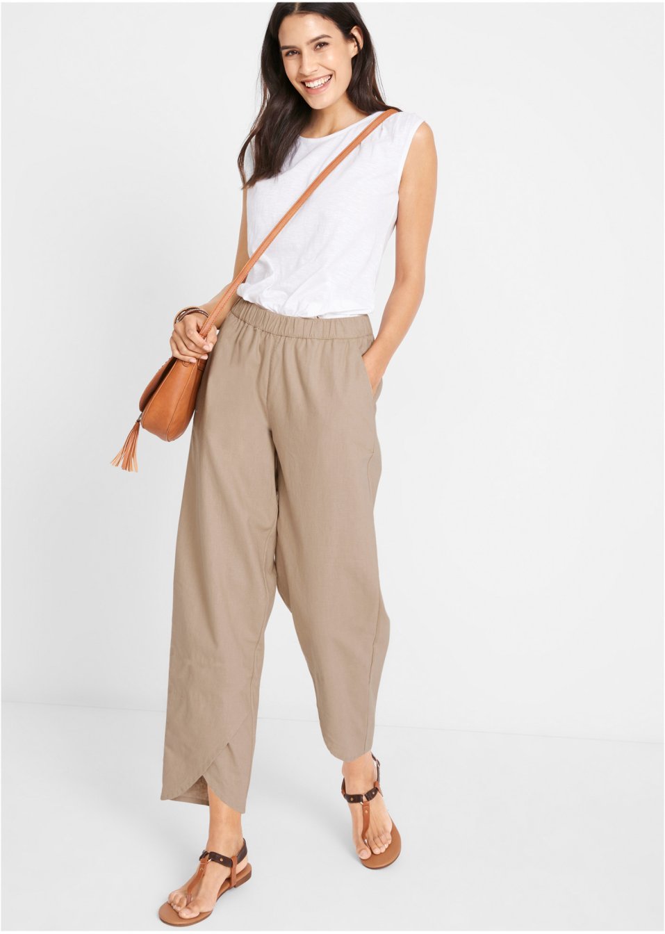 Pantalon en lin majoritaire, longueur cheville et taille confortable, Loose Fit